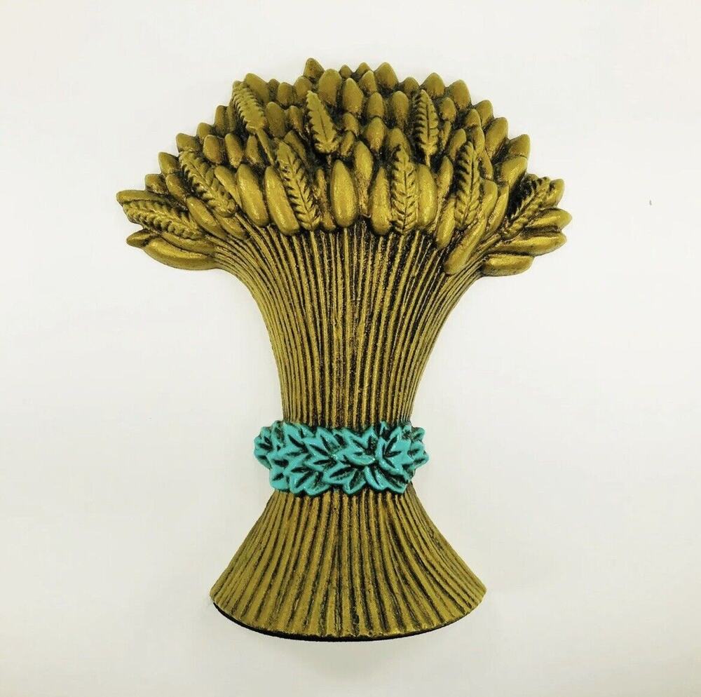 Cast Iron Sheaf of Wheat Door Stop or Door Porter Goldtone Aqua VTG '92 Antiqued